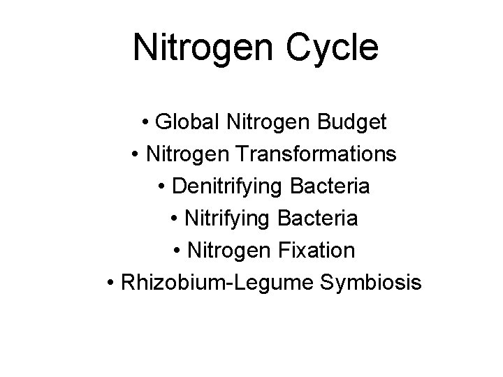 Nitrogen Cycle • Global Nitrogen Budget • Nitrogen Transformations • Denitrifying Bacteria • Nitrogen