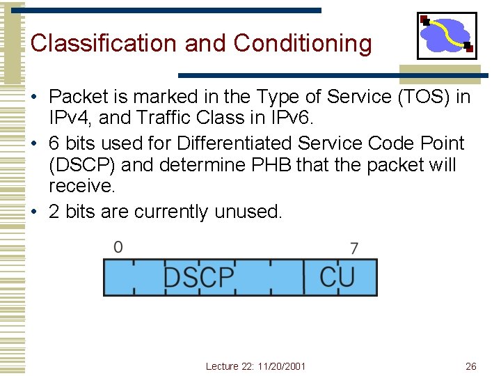 Classification and Conditioning • Packet is marked in the Type of Service (TOS) in Classification and Conditioning • Packet is marked in the Type of Service (TOS) in