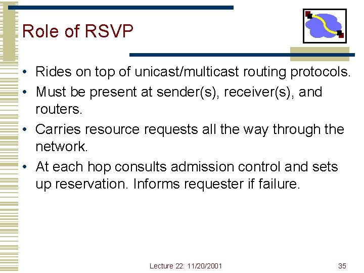Role of RSVP • Rides on top of unicast/multicast routing protocols. • Must be Role of RSVP • Rides on top of unicast/multicast routing protocols. • Must be