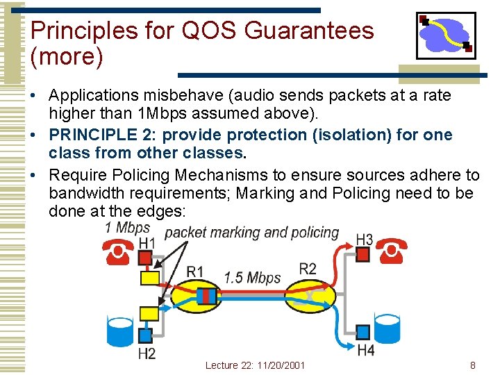 Principles for QOS Guarantees (more) • Applications misbehave (audio sends packets at a rate Principles for QOS Guarantees (more) • Applications misbehave (audio sends packets at a rate