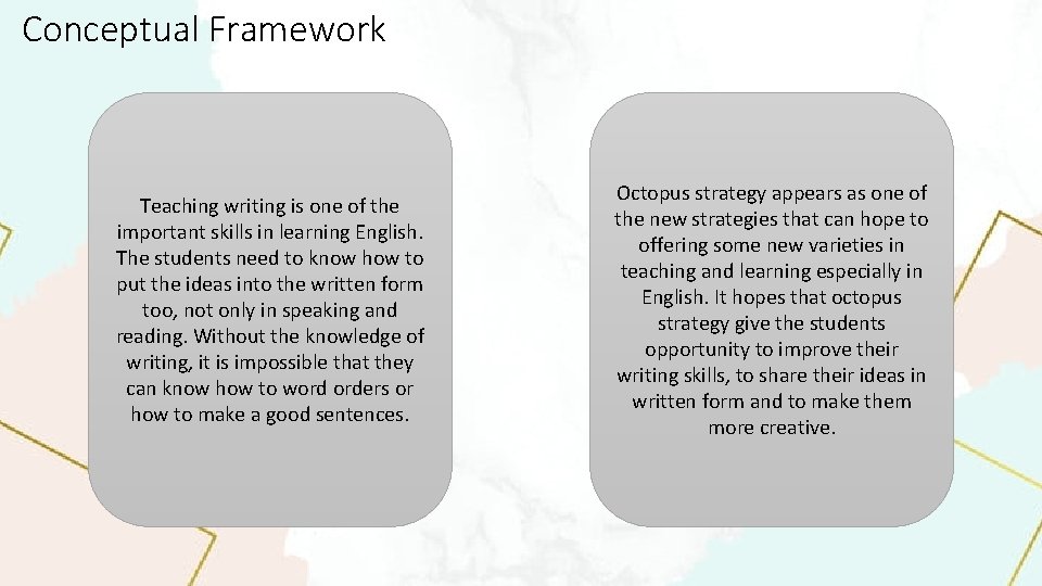Conceptual Framework Teaching writing is one of the important skills in learning English. The