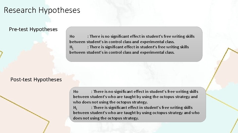 Research Hypotheses Pre-test Hypotheses Ho : There is no significant effect in student’s free