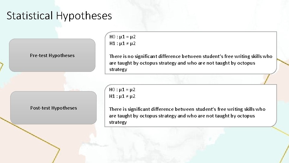 Statistical Hypotheses H 0 : µ 1 = µ 2 H 1 : µ