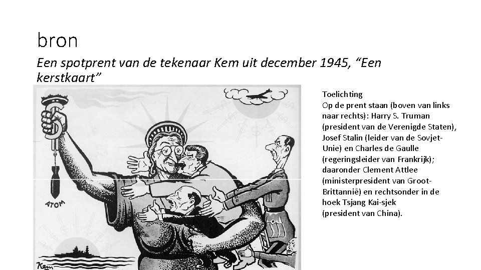 bron Een spotprent van de tekenaar Kem uit december 1945, “Een kerstkaart” Toelichting Op