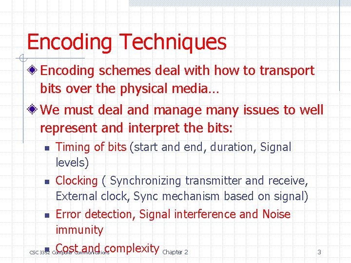 Encoding Techniques Encoding schemes deal with how to transport bits over the physical media…