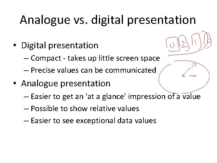 Analogue vs. digital presentation • Digital presentation – Compact - takes up little screen