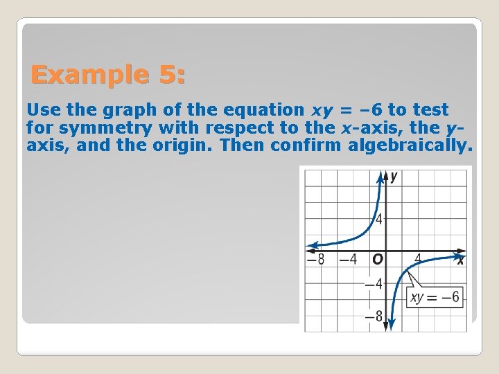 Example 5: Use the graph of the equation xy = – 6 to test