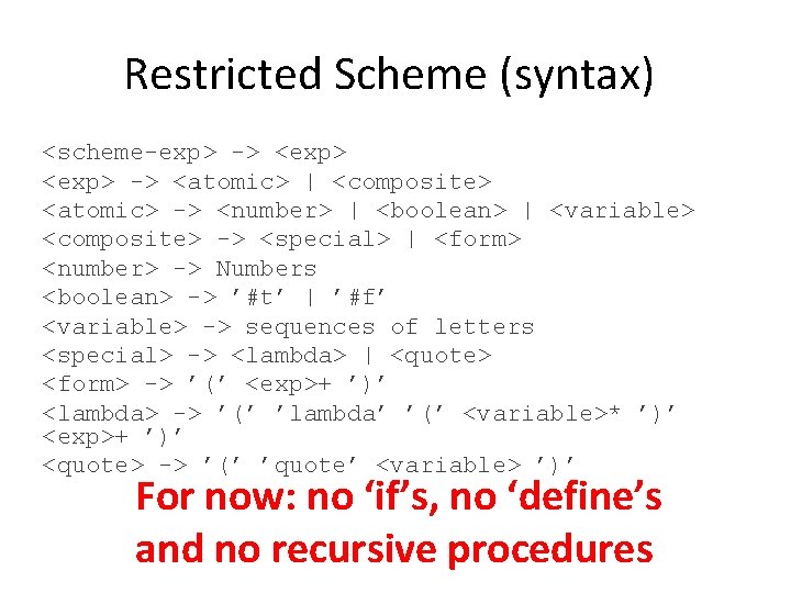 Restricted Scheme (syntax) <scheme-exp> -> <exp> -> <atomic> | <composite> <atomic> -> <number> |