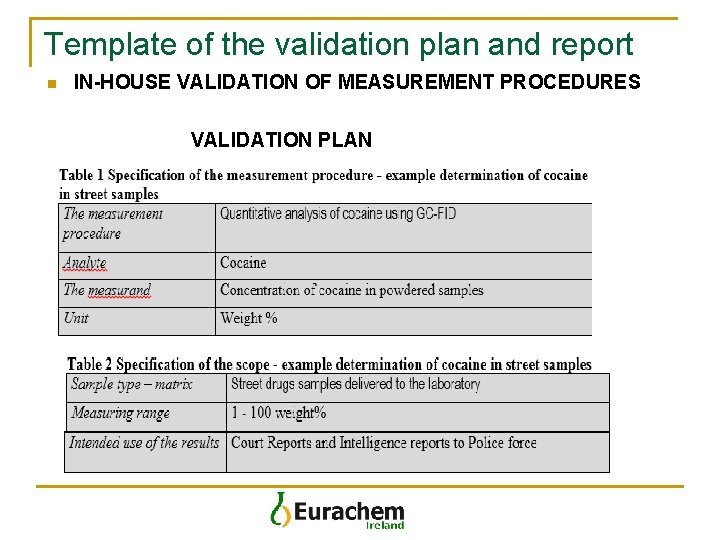 Template of the validation plan and report n IN-HOUSE VALIDATION OF MEASUREMENT PROCEDURES VALIDATION