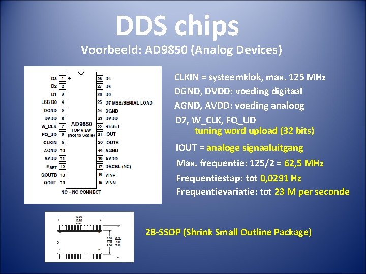 DDS chips Voorbeeld: AD 9850 (Analog Devices) CLKIN = systeemklok, max. 125 MHz DGND,