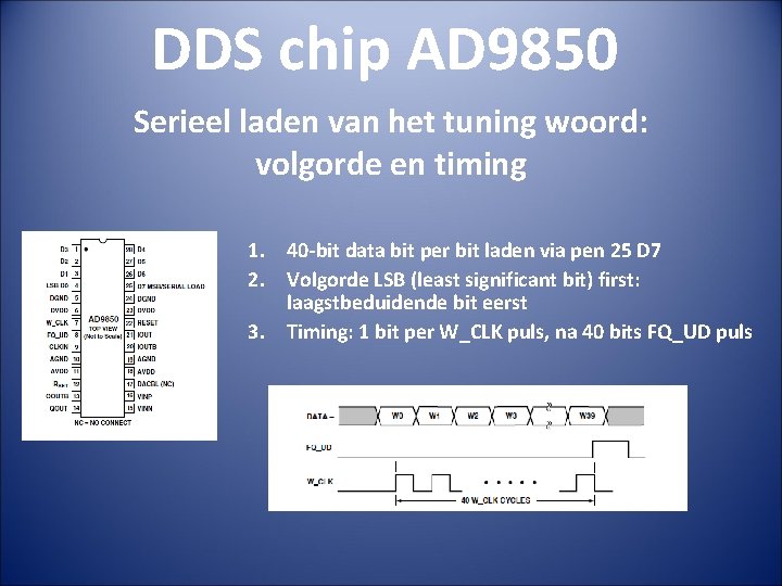 DDS chip AD 9850 Serieel laden van het tuning woord: volgorde en timing 1.