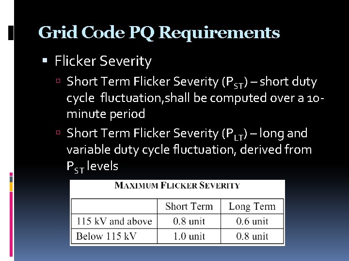 Grid Code PQ Requirements Flicker Severity Short Term Flicker Severity (PST) – short duty