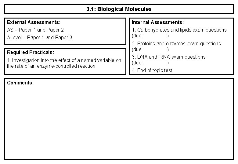 3. 1: Biological Molecules External Assessments: Internal Assessments: AS – Paper 1 and Paper