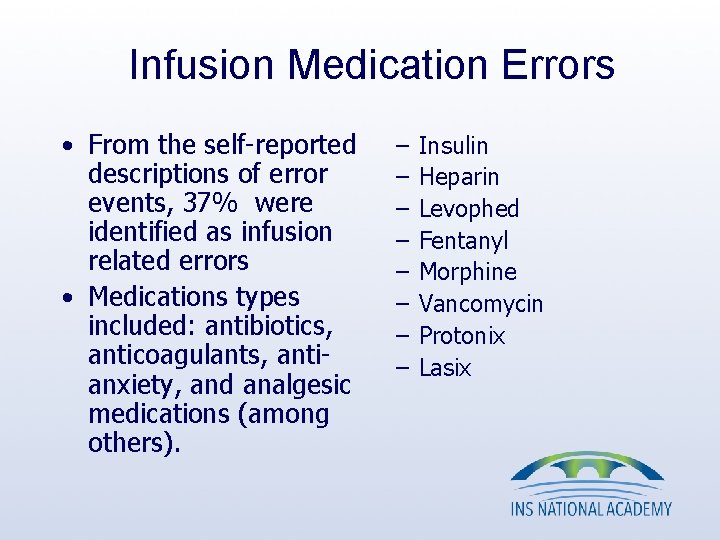 Infusion Medication Errors • From the self-reported descriptions of error events, 37% were identified