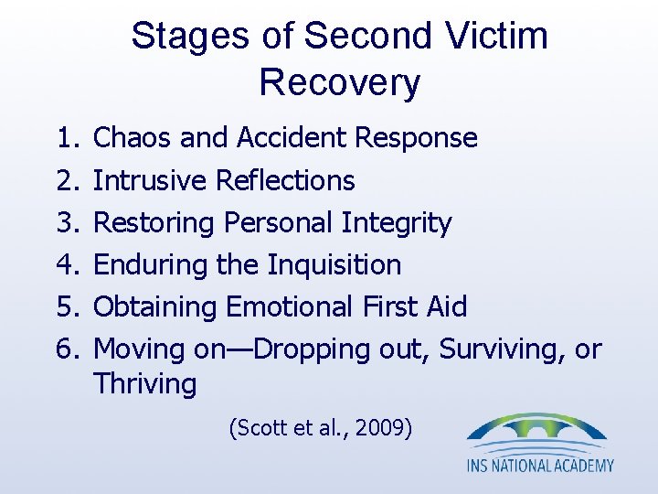 Stages of Second Victim Recovery 1. 2. 3. 4. 5. 6. Chaos and Accident