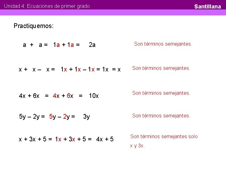 Unidad 4: Ecuaciones de primer grado Santillana Practiquemos: a + 1 a = 1