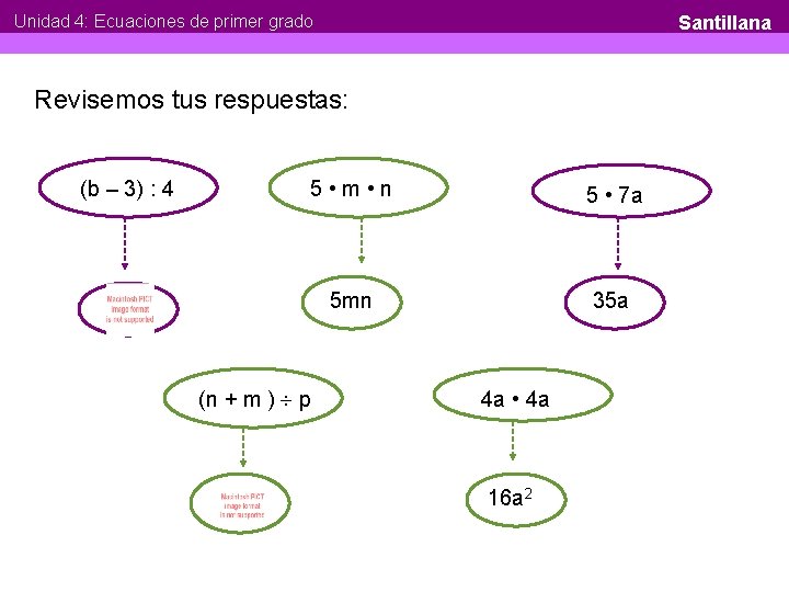 Unidad 4: Ecuaciones de primer grado Santillana Revisemos tus respuestas: (b – 3) :