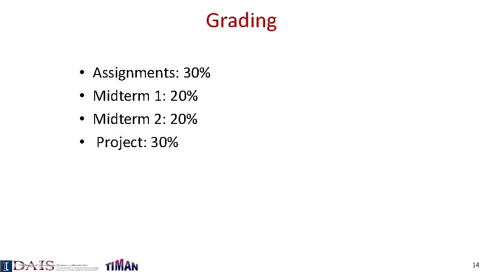 Grading • • Assignments: 30% Midterm 1: 20% Midterm 2: 20% Project: 30% 14