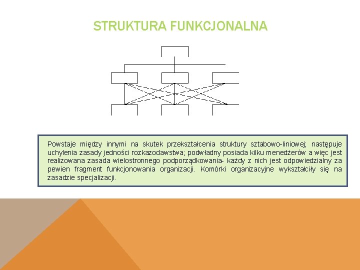 STRUKTURA FUNKCJONALNA Powstaje między innymi na skutek przekształcenia struktury sztabowo-liniowej; następuje uchylenia zasady jedności