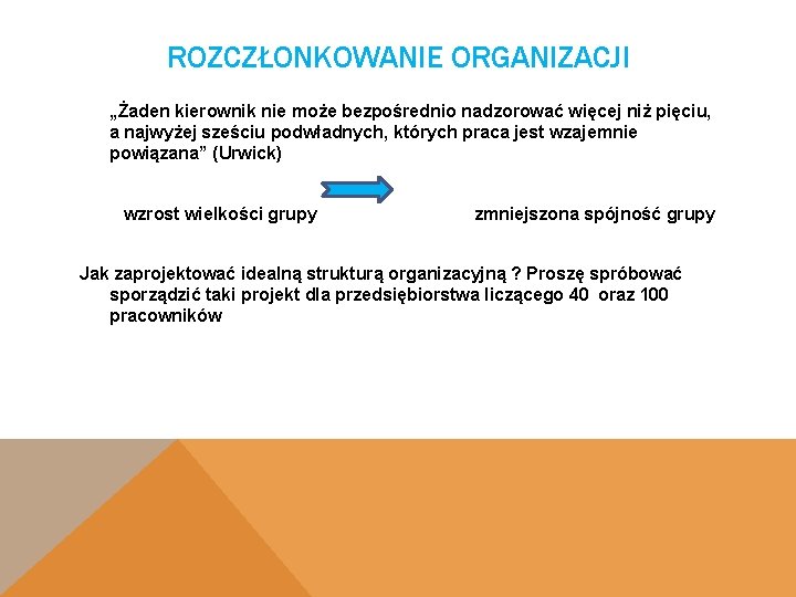 ROZCZŁONKOWANIE ORGANIZACJI „Żaden kierownik nie może bezpośrednio nadzorować więcej niż pięciu, a najwyżej sześciu