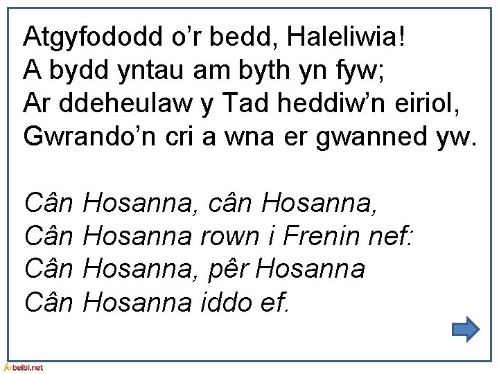 Atgyfododd o’r bedd, Haleliwia! A bydd yntau am byth yn fyw; Ar ddeheulaw y