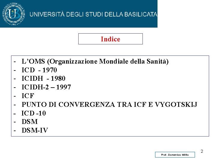 Indice - L’OMS (Organizzazione Mondiale della Sanità) ICD - 1970 ICIDH - 1980 ICIDH-2 Indice - L’OMS (Organizzazione Mondiale della Sanità) ICD - 1970 ICIDH - 1980 ICIDH-2