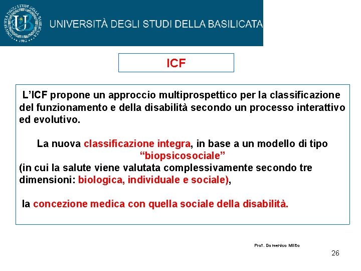 ICF L’ICF propone un approccio multiprospettico per la classificazione del funzionamento e della disabilità ICF L’ICF propone un approccio multiprospettico per la classificazione del funzionamento e della disabilità