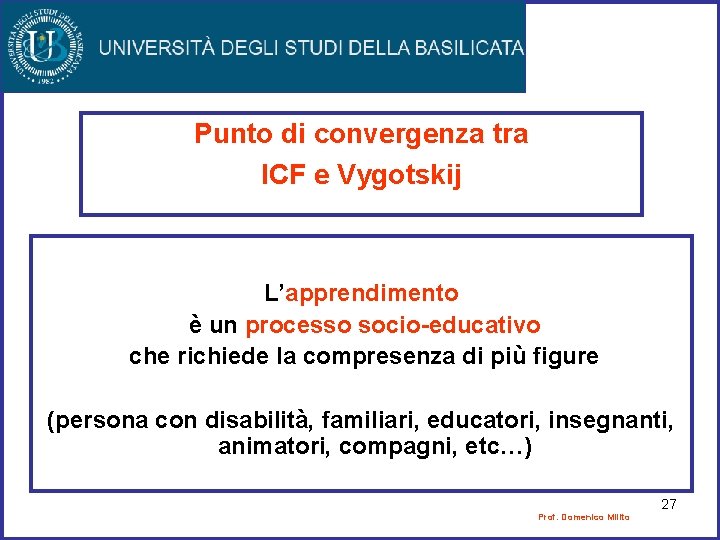 Punto di convergenza tra ICF e Vygotskij L’apprendimento è un processo socio-educativo che richiede Punto di convergenza tra ICF e Vygotskij L’apprendimento è un processo socio-educativo che richiede