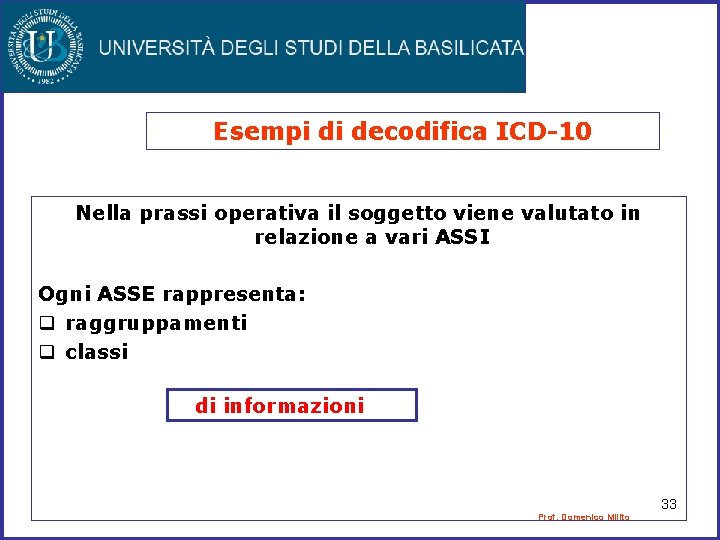 Esempi di decodifica ICD-10 Nella prassi operativa il soggetto viene valutato in relazione a Esempi di decodifica ICD-10 Nella prassi operativa il soggetto viene valutato in relazione a