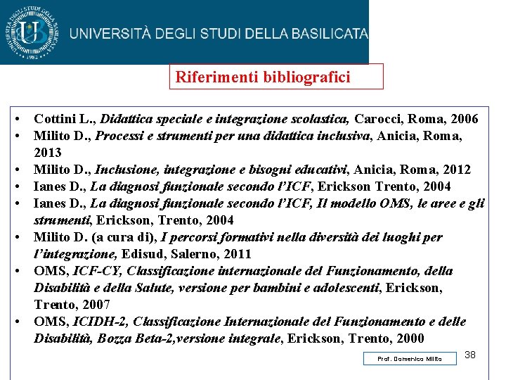 Riferimenti bibliografici • Cottini L. , Didattica speciale e integrazione scolastica, Carocci, Roma, 2006 Riferimenti bibliografici • Cottini L. , Didattica speciale e integrazione scolastica, Carocci, Roma, 2006