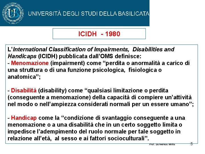 ICIDH - 1980 L’International Classification of Impairments, Disabilities and Handicaps (ICIDH) pubblicata dall’OMS definisce: ICIDH - 1980 L’International Classification of Impairments, Disabilities and Handicaps (ICIDH) pubblicata dall’OMS definisce: