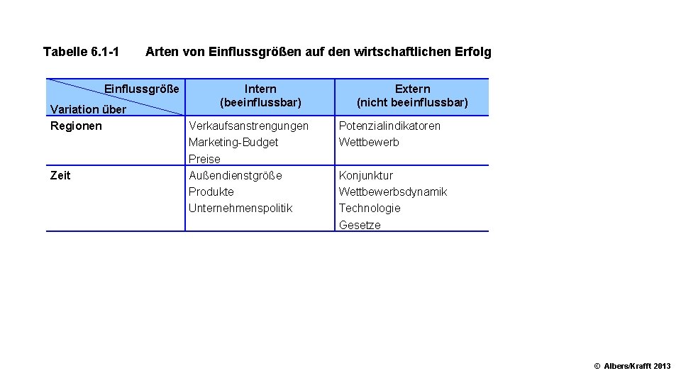 Tabelle 6. 1 1 Arten von Einflussgrößen auf den wirtschaftlichen Erfolg Einflussgröße Variation über