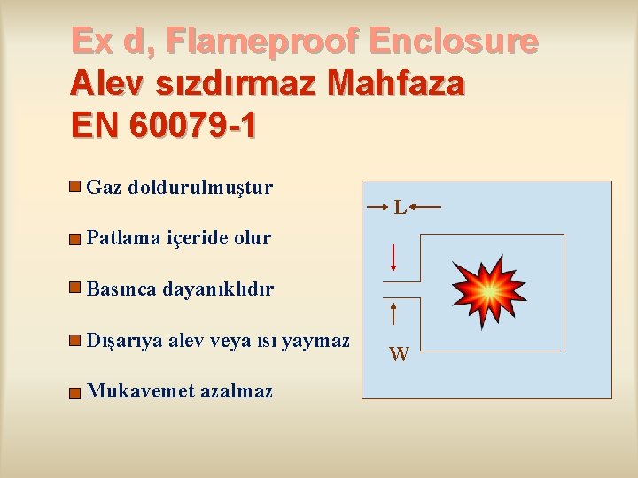 Ex d, Flameproof Enclosure Alev sızdırmaz Mahfaza EN 60079 -1 Gaz doldurulmuştur L Patlama