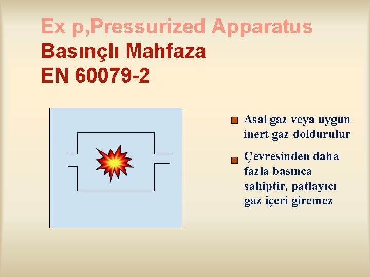 Ex p, Pressurized Apparatus Basınçlı Mahfaza EN 60079 -2 Asal gaz veya uygun inert