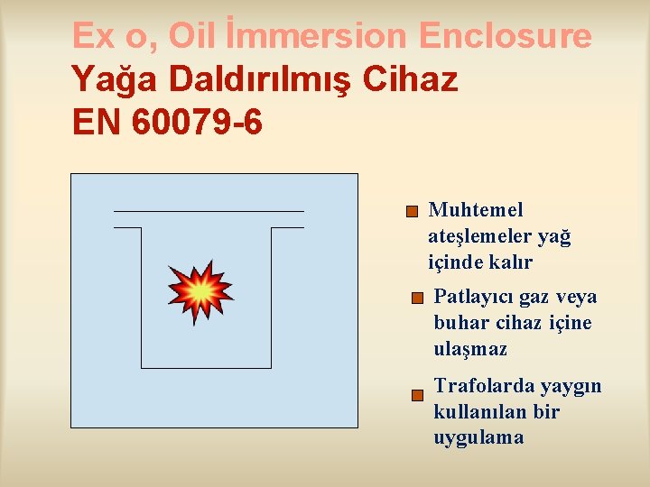 Ex o, Oil İmmersion Enclosure Yağa Daldırılmış Cihaz EN 60079 -6 Muhtemel ateşlemeler yağ