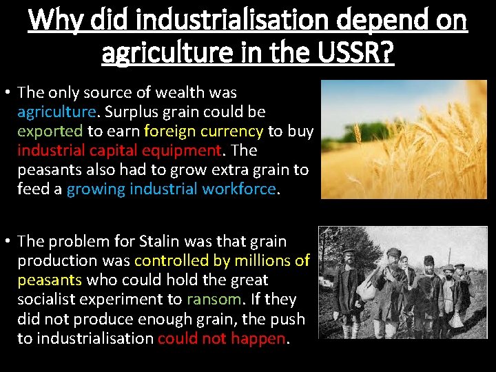 Why did industrialisation depend on agriculture in the USSR? • The only source of
