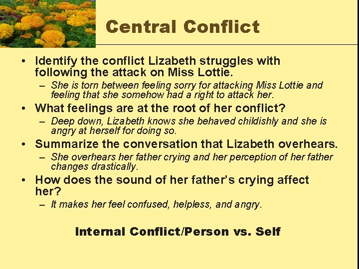 Central Conflict • Identify the conflict Lizabeth struggles with following the attack on Miss