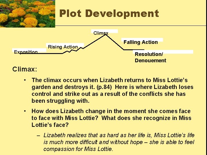 Plot Development Climax Rising Action Exposition Falling Action Resolution/ Denouement Climax: • The climax