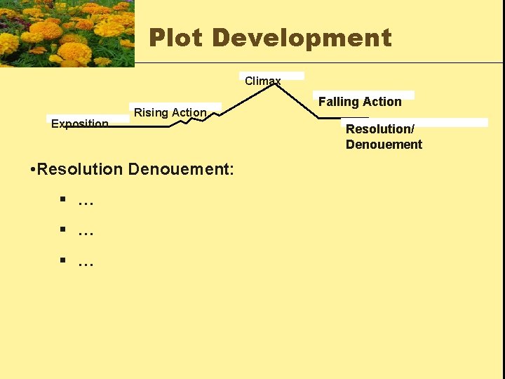 Plot Development Climax Exposition Rising Action • Resolution Denouement: § … § … Falling
