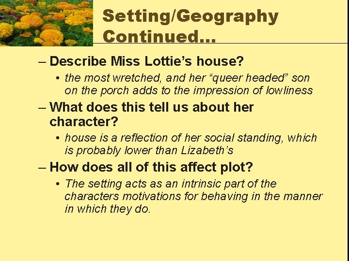 Setting/Geography Continued… – Describe Miss Lottie’s house? • the most wretched, and her “queer