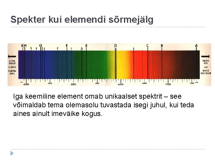 Spekter kui elemendi sõrmejälg Iga keemiline element omab unikaalset spektrit – see võimaldab tema
