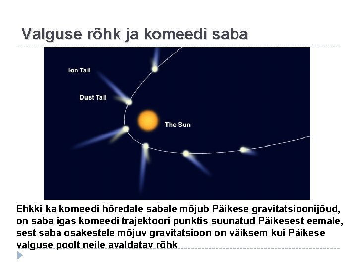Valguse rõhk ja komeedi saba Ehkki ka komeedi hõredale sabale mõjub Päikese gravitatsioonijõud, on
