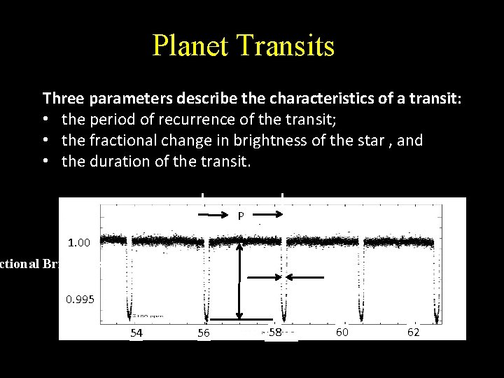 Planet Transits Three parameters describe the characteristics of a transit: • the period of