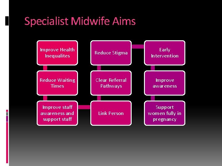 Specialist Midwife Aims Improve Health Inequalites Reduce Stigma Early Intervention Reduce Waiting Times Clear