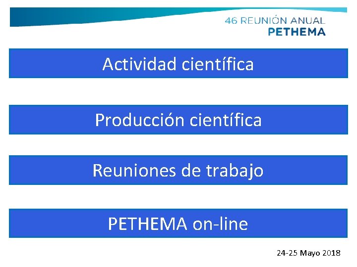 Actividad científica Producción científica Reuniones de trabajo PETHEMA on-line 24 -25 Mayo 2018 