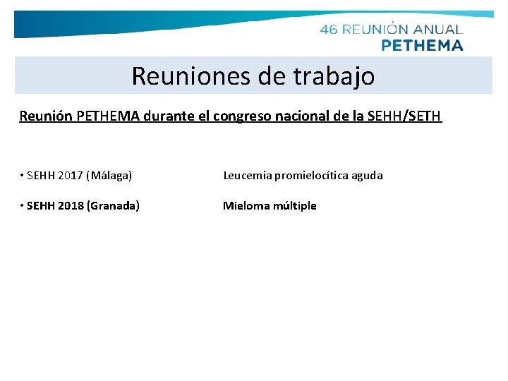 Reuniones de trabajo Reunión PETHEMA durante el congreso nacional de la SEHH/SETH • SEHH