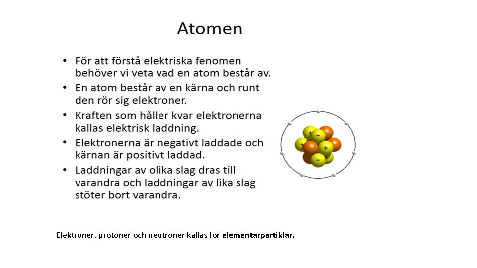 Elektroner, protoner och neutroner kallas för elementarpartiklar. Elektroner, protoner och neutroner kallas för elementarpartiklar.
