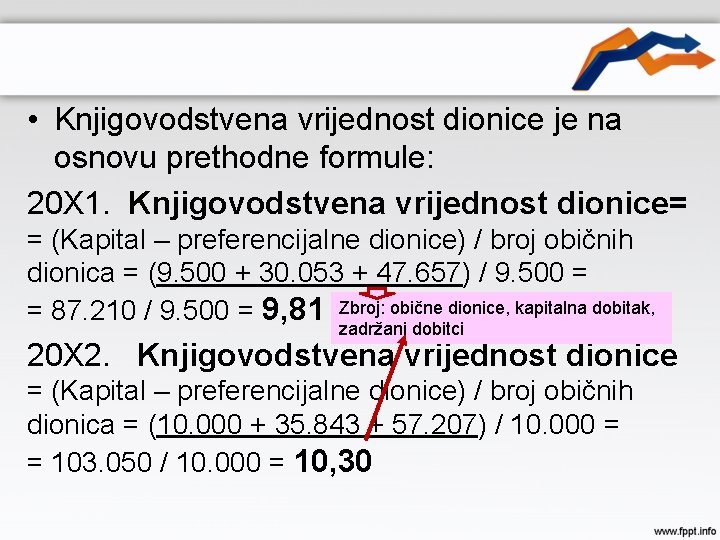  • Knjigovodstvena vrijednost dionice je na osnovu prethodne formule: 20 X 1. Knjigovodstvena