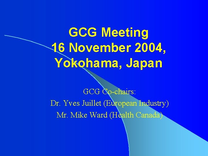 GCG Meeting 16 November 2004, Yokohama, Japan GCG Co-chairs: Dr. Yves Juillet (European Industry)