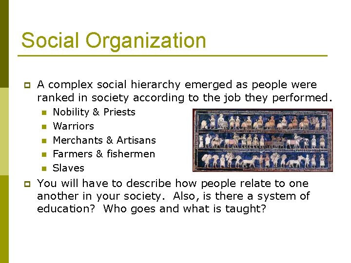 Social Organization p A complex social hierarchy emerged as people were ranked in society